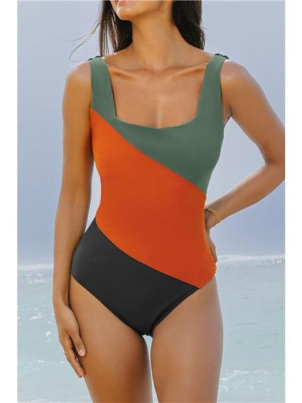 Color Block Padded Square Neck One Piece Swimsuit